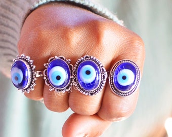 Blaues Auge Kristall Ring, Versilberter Ring, Böser Blick Schmuck, Türkischer Böser Blick, Alltäglicher Schmuck, Schutzringe, Nazar Ringe