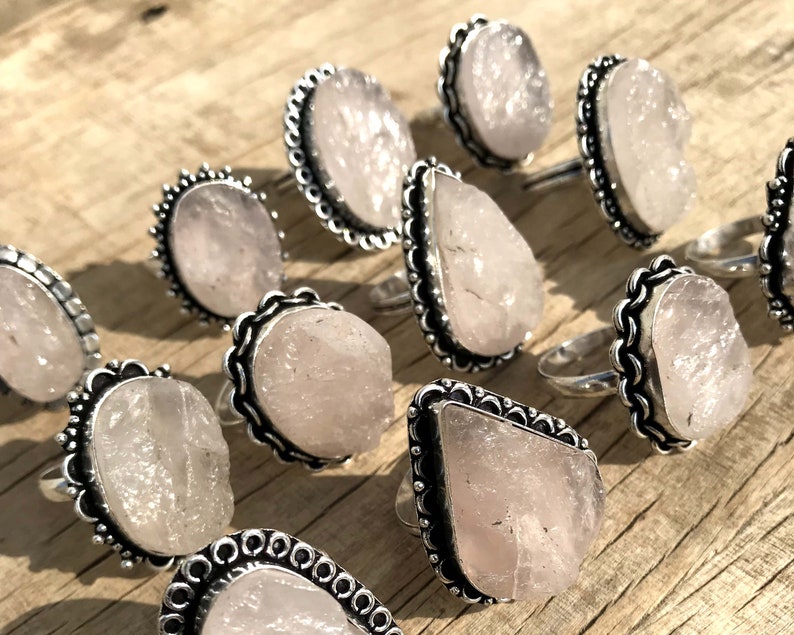 Raw Rose Quartz Ring, Silver Plated Gemstone Ring, Natural Raw Crystal Ring, Natural Rose Quartz Handmade RIng, Boho Ring, Hippie Rings image 6