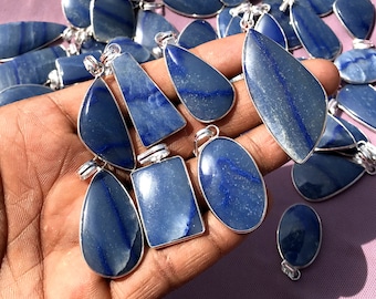 natural Blue Quartz Necklace Pendants, Silver Overlay Birthstone Pendant, Handmade Pendant, Statement Hippie Pendants, Women Crystal Jewelry
