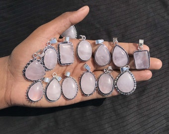 Rose Quartz Gemstone Pendant, 925 Silver Plated Gemstone Necklace Pendant, Handmade Pendants, Mix Shape & Mix Size Necklace Pendant Jewelry