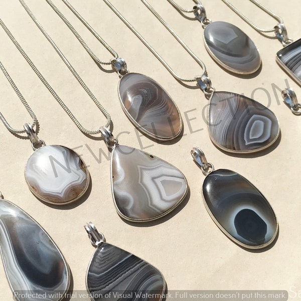 Botswana Agate Pendant With Chain Necklace, Silver Overlay Handmade Pendants, Crystal Chain Pendant, Boho Necklace, Chunky Statement Jewelry