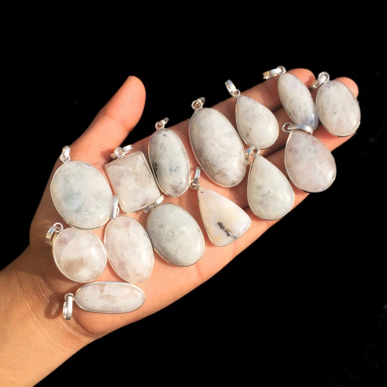 Hot Sale ! Silver Plated Bezel Pendants Mix Shapes /& Size Moonstone Pendants Lots Jewelry Natural AAA Rainbow Moonstone Bezel Pendants
