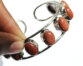 Handmade Natural Sunstone Bangle, 925 Silver Plated Cuff