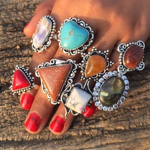100Pcs Ring, Turquoise & Mix Gemstone Ring Lot, Silver Platde Gemstone Ring, Women Ring, Adjustable Ring, Silver Plated Band Ring