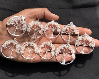 Moonstone Chips Tree of Life Pendant, Silver Overlay Wire Wrapped Necklace