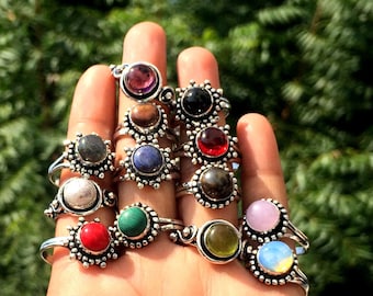 100 Pieces Silver Plated Crystal Rings, Boho Gemstone Jewelry