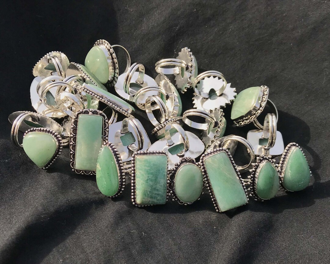 Green Amazonite Rings, Amazonite Crystal Women Rings, Silver Overlay ...