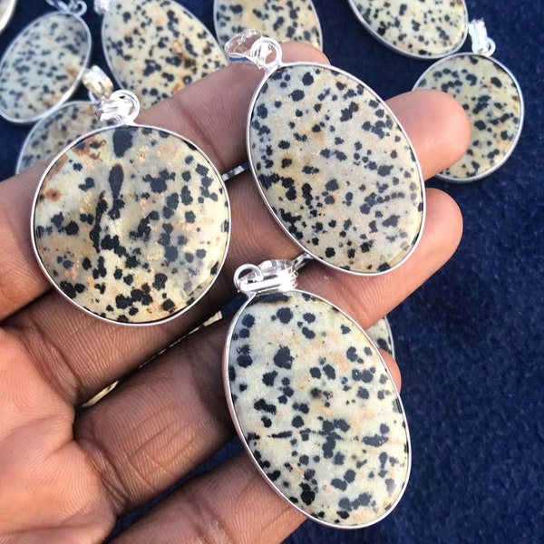 Natural Dalmatian Jasper Necklace Pendant, Silver Plated Gemstone Pendant Lot, Handmade Necklace, Statment Pendant, Women Gemstone Jewelry