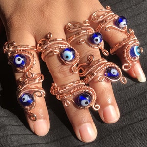 Copper Wire Wrapped Evil Eye Ring, Adjustable Crystal Gemstone