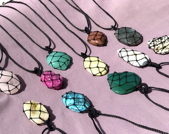 Handmade Macrame Mixed Gemstone Pendant Necklace, Healing Crystal Jewelry