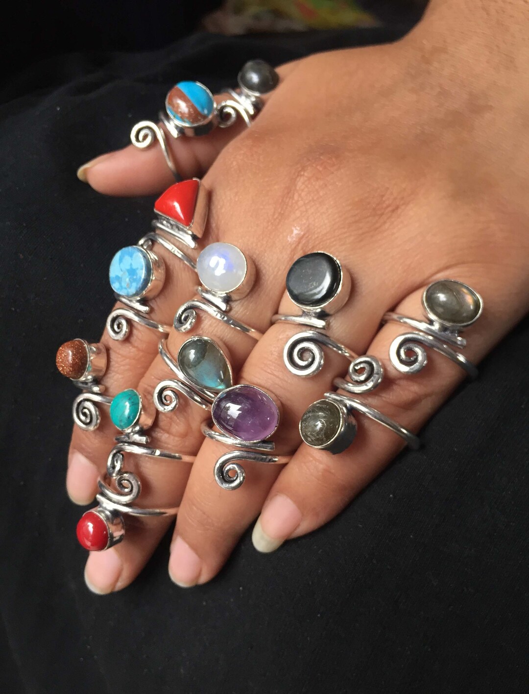 Adjustable Ring, Assorted Gemstone Ring Jewelry, Brass Gemstone Ring ...