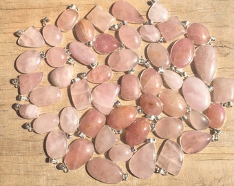 Natural Rose Quartz Pendant, Silver Plated Bezel Gemstone