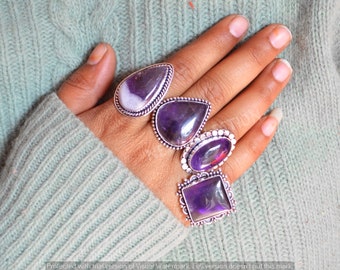 Amethyst Crystal Ring, Silver Plated Gemstone Ring, Boho Ethnic Ring, Promise Ring, Rings For Women, Crystal Rings, Rings Size 6 To 10