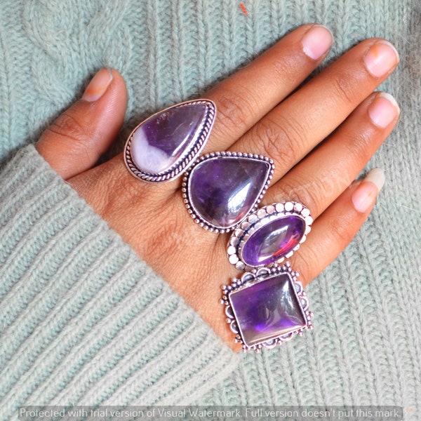 Amethyst Crystal Ring, Silver Plated Gemstone Ring, Boho Ethnic Ring, Promise Ring, Rings For Women, Crystal Rings, Rings Size 6 To 10