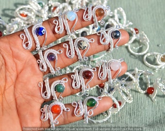 Anillo de cristal envuelto en alambre, anillo de piedras preciosas ajustable bañado en plata