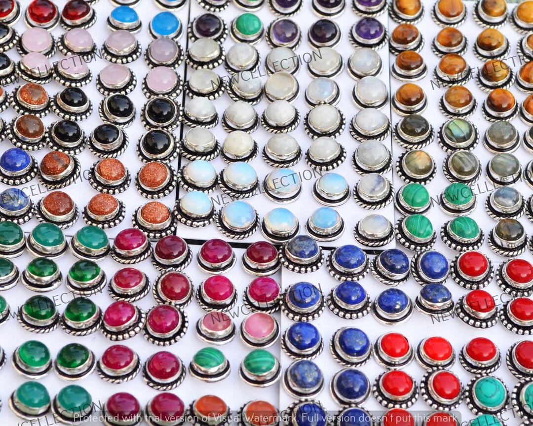 Round Gemstone Stud Earrings, 8 Mm Gemstone Silver Plated Studs Earrings, Dainty Gemstone