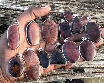 Natural Pink Rhodonite Gemstone, Bezel Pendants Lot, Silver Plated Pendants, Bohemian Crystal Handmade Jewelry, Mix Shapes & Size Pendant