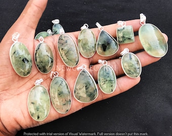 Natural Green Prehnite Pendants, Silver Overlay Handmade Pendants, Boho Pendants, Hippie Pendants, Vintage Necklace Pendants, Women Jewelry