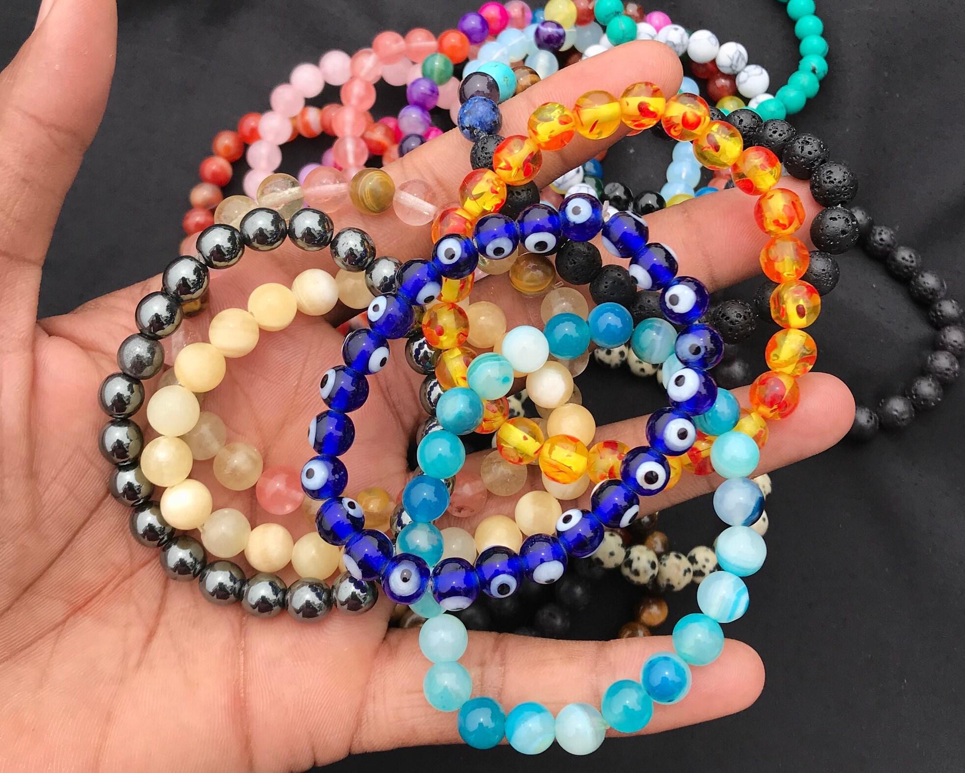 8mm Natural Gemstone Stretchable Bracelet – Round Multicolor Beads – 7.5 Inches
