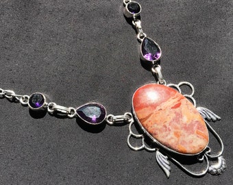 Pink Jasper Gemstone Necklace, Silver Overlay, Bohemian Jewelry