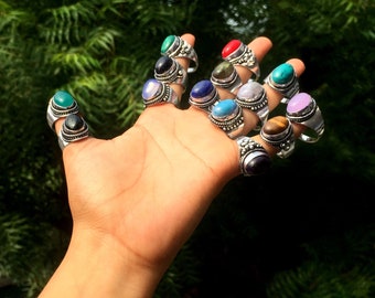 Natural Multi Gemstone Men's Rings, Handmade Mens Ring, Moonstone Mens Ring, Silver Plated Ottoman Ring, Hippie Mens Rings Jewelry