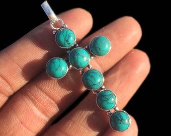 Ciondolo a croce turchese, placcato in argento sterling, collana fatta a mano