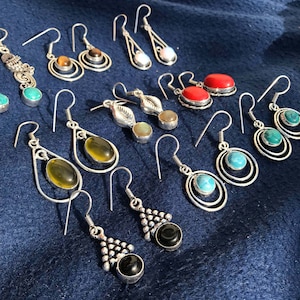 Assorted Gemstone Earring Lot: Silver Plated Boho Hippie Jewelry
