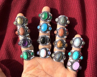 Verstelbare multi stenen ringen, zilveren overlay edelsteen ringen, handgemaakte ring, boho ring, hippie ring, ring voor vrouwen, kristallen ringen sieraden