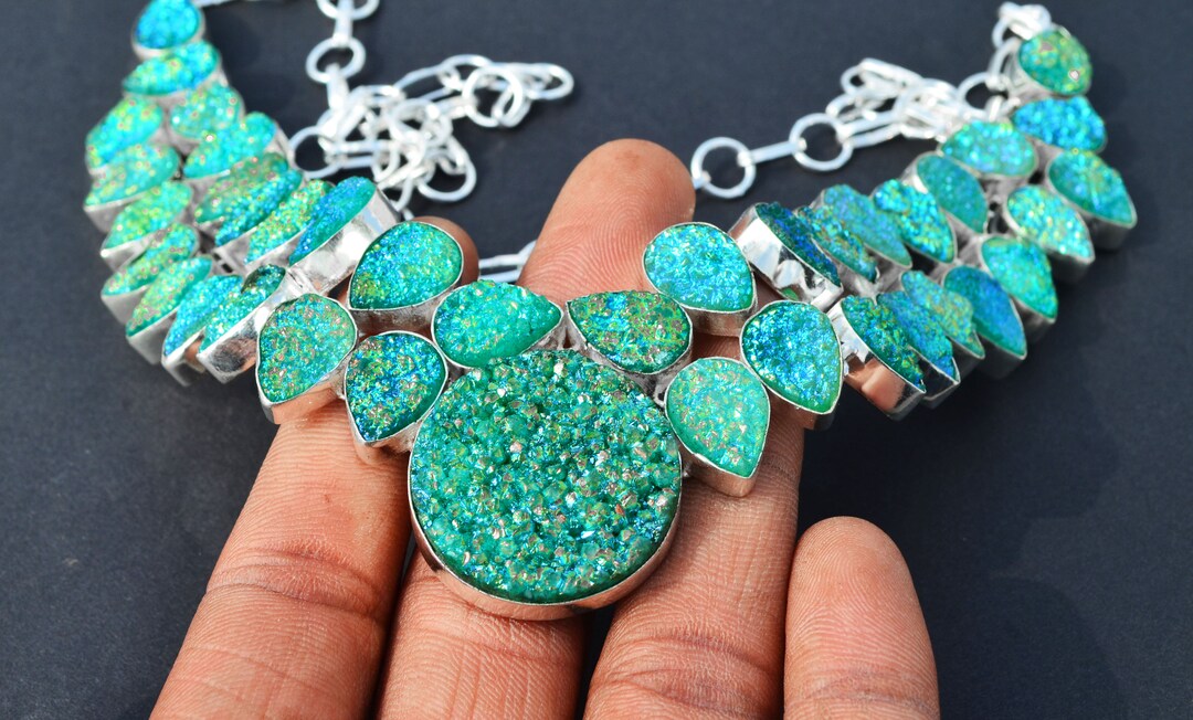 Titanium Druzy Necklace Natural Crystal Necklace Long Etsy