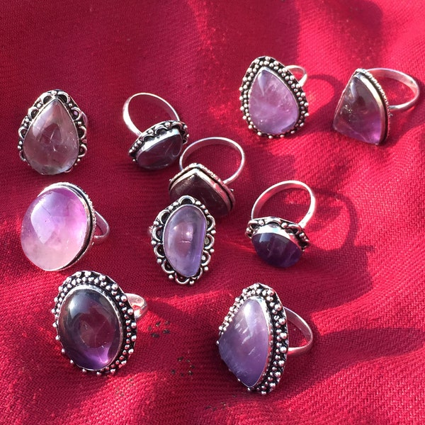 Amethyst Crystal Ring Lot, 925 Silver Plated Gemstone Ring, Mix Shape & Mix Size Ring, Boho Handmade Ring, Women Crystal Ring Lot