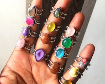 Handmade Silver Plated Crystal Rings, Vintage Style, Boho Chunky Ring
