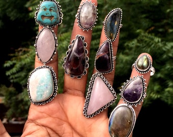 Crystal Gemstone Ring, 925 Silver Plated Gemstone Rings, Crystal Hippie Ring, Amethyst & Mix Gemstone Ring Lot, Handmade Jewelry Rings