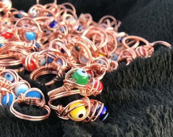 Copper Rings, Wire Wrapped Evil Eye Rings, Handmade Rings, Boho RIngs, Vintage Looking Rings, Hippie Gemstone Rings, Women Copper Ring's
