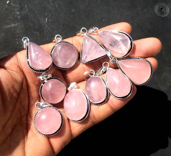 Natural Rose Quartz Crystal Pendant Lot Silver Plated Etsy