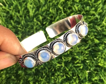 Opalite Crystal Cuff Bangle, Silver Overlay Gemstone Bracelet, Handmade Bracelet, Hippie Cuff Bangle, Women Gift Cuff Bangle Jewelry