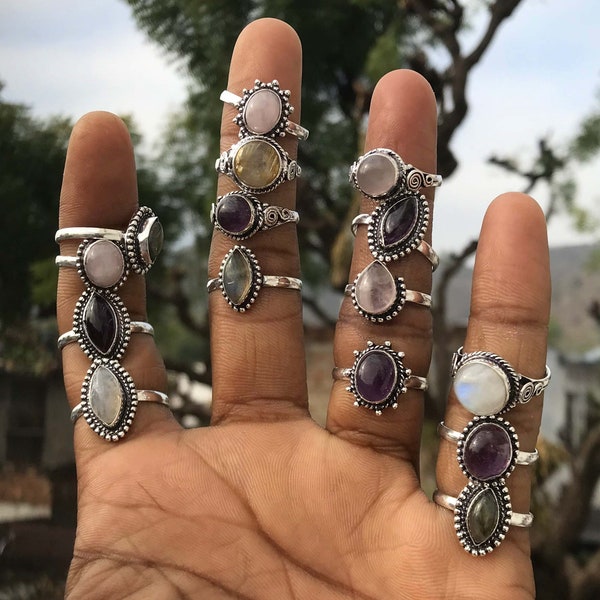 Handmade Silver Overlay Crystal Ring, Mix Shape Gemstone Jewelry