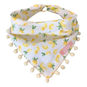 Pom Pom Dog Bandana - Lemons - No Tie Bandana - Snap On - Dog Accessories - Dog Neckwear - Pom Pom Fringe - Lemon