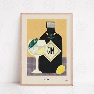 Gin & Tonic Kitchen Print, Cocktail Art, Mid Century Illustration Print, Retro Poster, Kitchen Decor, Bright Home Art, Drinks Print