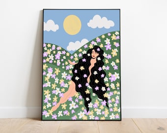Hippie on the Hill Art Print - Groovy, Colourful Illustration