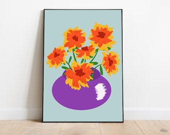 Marigolds Art Print - Colourful, Flowers Illustration