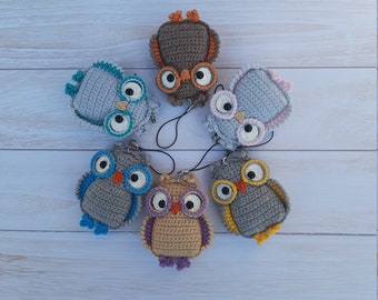 Owl keychain for bag and backpack. Crocheted owl keychain. Soft cute owl keychain.  Gray, brown, beige amigurumi owl