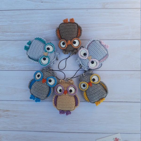 Owl keychain for bag and backpack. Crocheted owl keychain. Soft cute owl keychain.  Gray, brown, beige amigurumi owl