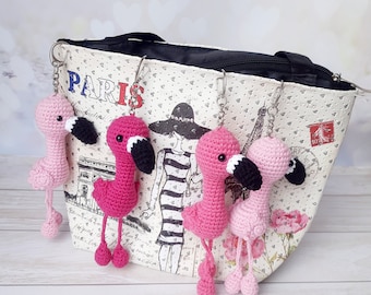Pink flamingo bag charm, Crocheted bird bag Charm, Crochet bag Decor, Mothers Day Gift, Gift for Bird Lover, Pink flamingo keychain