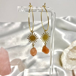 Sunstone Earrings | Sun Earrings, Raw Crystal Earrings, Raw Crystal Hoops, Raw Crystal Dangles, Sun Charm Earrings, 18k Gold Plated Hoops