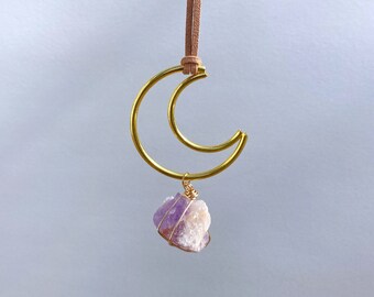 Boho Crystal Decor | Raw Amethyst Zen Wall Hanging, Crystal Wall Hanging, Moon Hanging Decor, Gem Hanging Crystals, Crystal Suncatcher