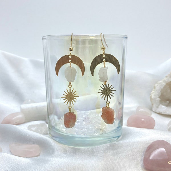 Sun and Moon Earrings | Raw Crystal Earrings, Gold Sun Earrings, Raw Stone Earrings, Moonstone Earrings, Sunstone Earrings, Witchy Jewelry