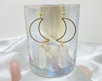 Moon Earrings Dangle | Moon Drop Earrings, Crystal Earrings Gold, Clear Quartz Points, Raw Crystal Jewelry, Halloween Earrings, Handmade