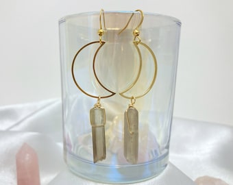 Moon Earrings Dangle | Moon Drop Earrings, Crystal Earrings Gold, Smoky Quartz Points, Raw Crystal Jewelry, Halloween Earrings, Handmade