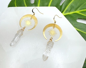 Moon and Sun Earrings | Raw Crystal Earrings, Quartz Earrings, Sun and Moon Earrings Gold, Witchy Jewelry, Gold Crystal Earrings Dangle