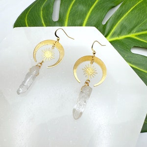 Moon and Sun Earrings | Raw Crystal Earrings, Quartz Earrings, Sun and Moon Earrings Gold, Witchy Jewelry, Gold Crystal Earrings Dangle
